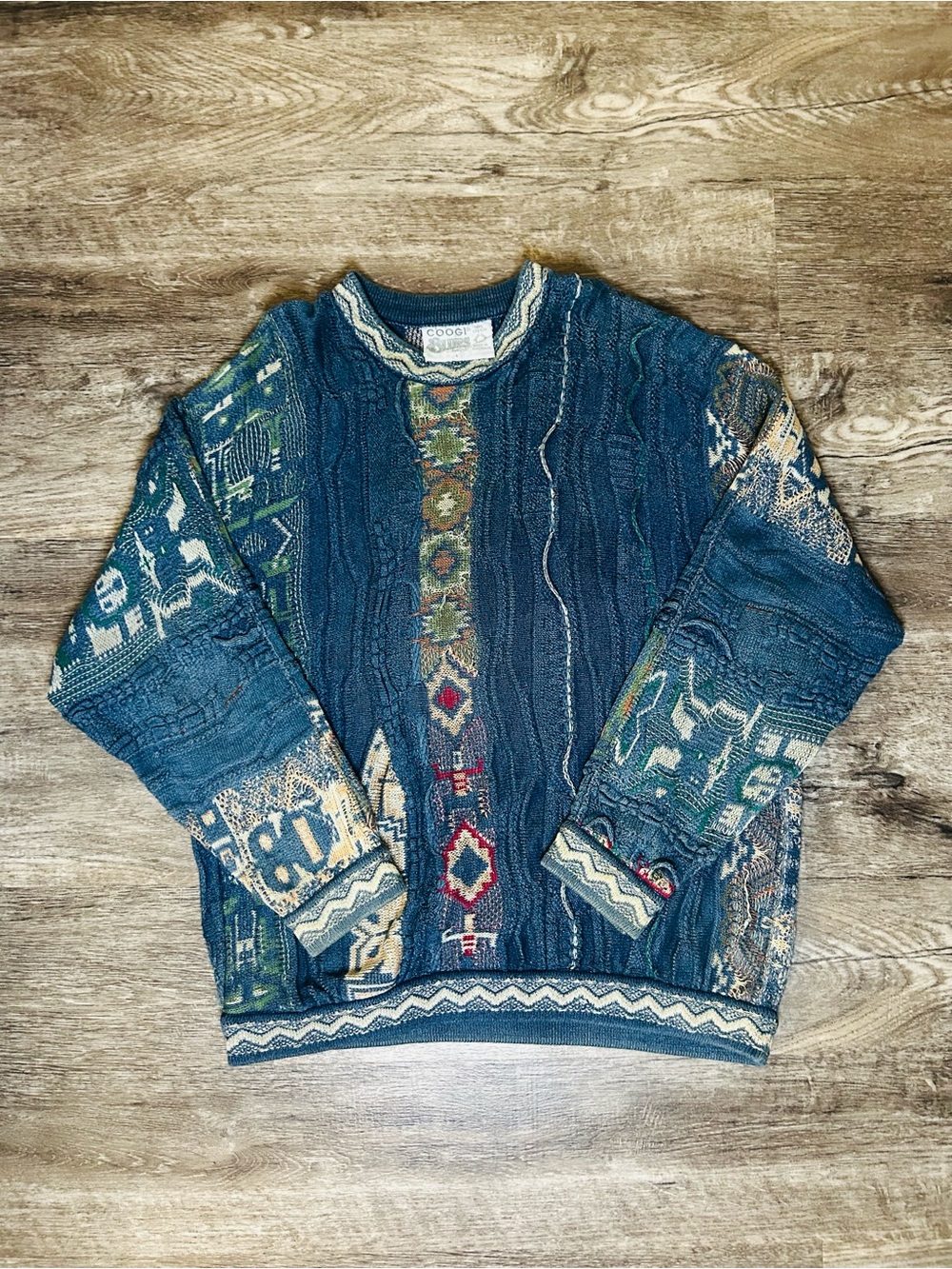 COOGI Teal Multicolor Patterned Crewneck Sweater